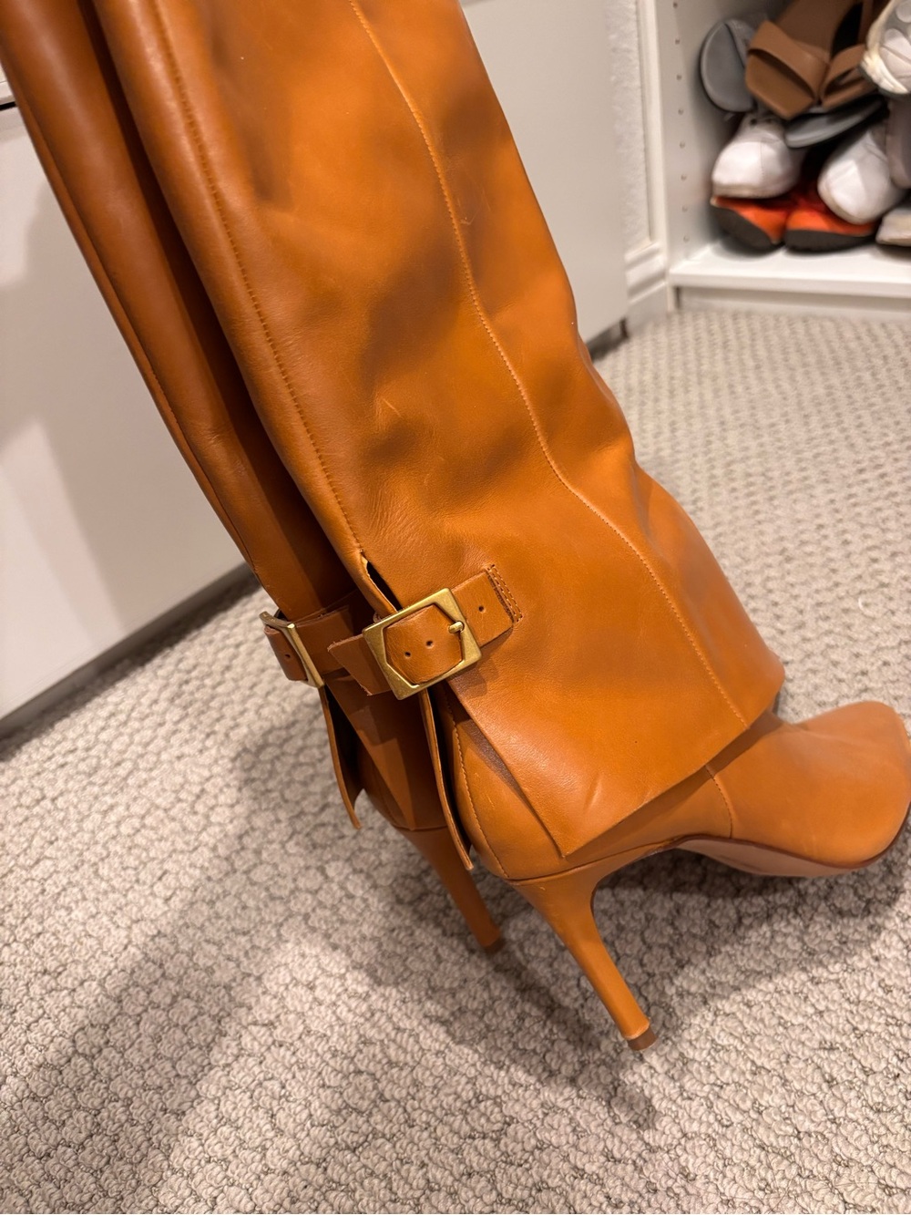 Vince Camuto Tan Leather Over-The-Knee Buckle Stiletto Boots